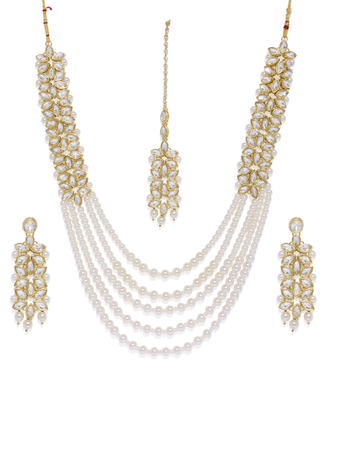 

Alamod White Gold-Plated Layered Necklace and Earrings With Maang Tika