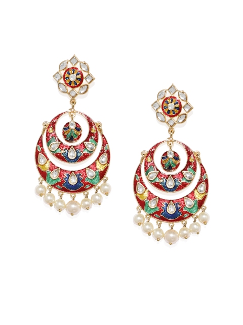 

Alamod Gold-Toned Gold-Plated Meenakari Crescent Shaped Kundan Chandbalis