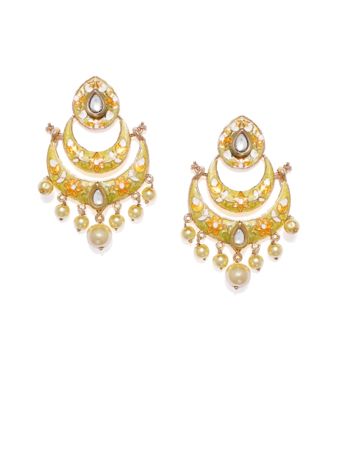 

Alamod Gold-Toned Gold-Plated Meenakari Crescent Shaped Kundan Chandbalis