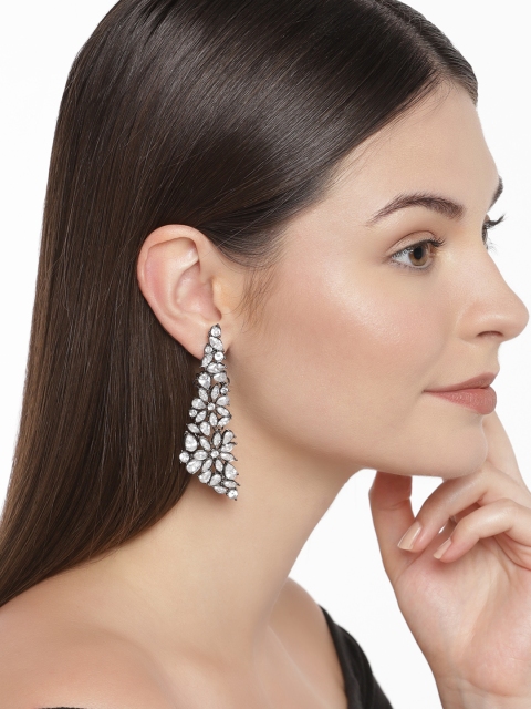 

Alamod Gunmetal-Toned & White Rhodium-Plated Oxidised Triangular Drop Earrings, Metallic