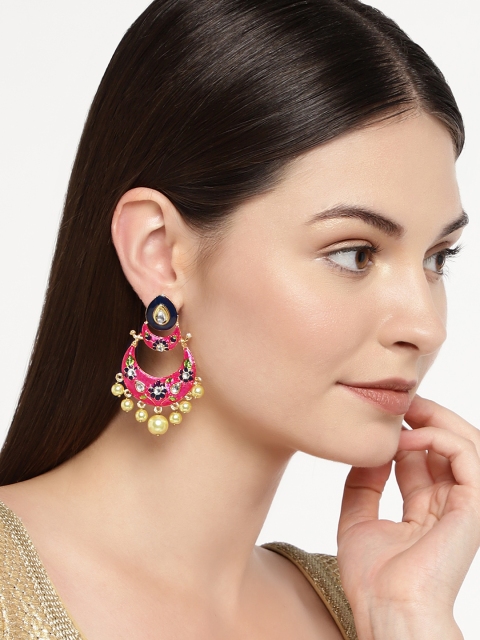 

Alamod Women Gold-Plated Meenakari Crescent Shaped Kundan Chandbalis