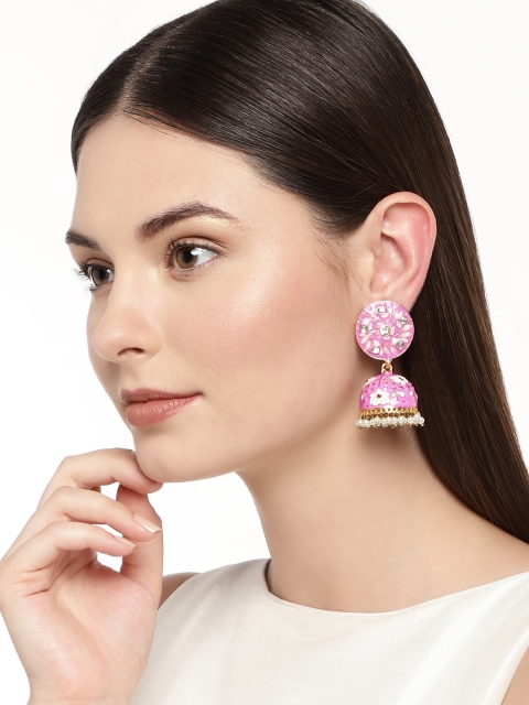

Alamod Gold-Toned Gold-Plated Meenakari Dome Shaped Kundan Jhumkas