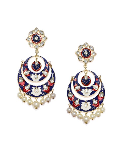 

Alamod Gold-Toned Gold-Plated Meenakari Crescent Shaped Kundan Chandbalis