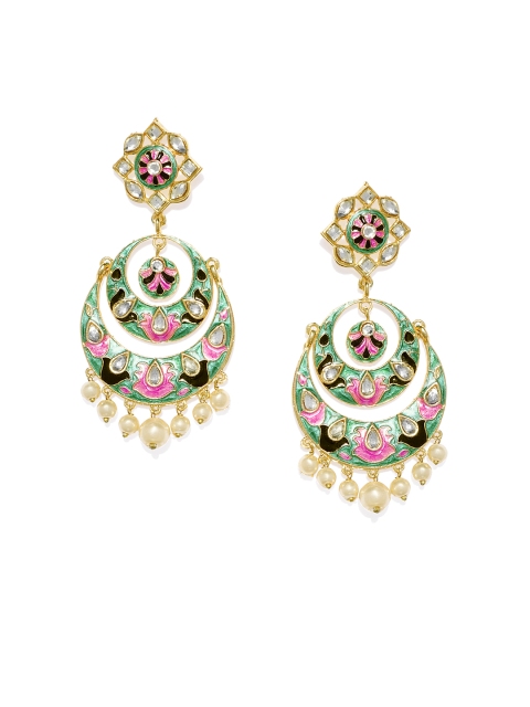 

Alamod Gold-Toned Gold-Plated Meenakari Crescent Shaped Kundan Chandbalis