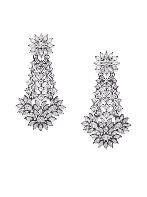 

Alamod Gunmetal-Toned & White Floral Oxidised Drop Earrings, Metallic