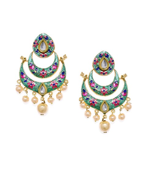 

Alamod Women Gold-Plated Meenakari Crescent Shaped Kundan Chandbalis
