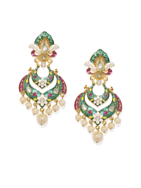 

Alamod Gold-Toned Gold-Plated Meenakari Classic Shaped Kundan Chandbalis
