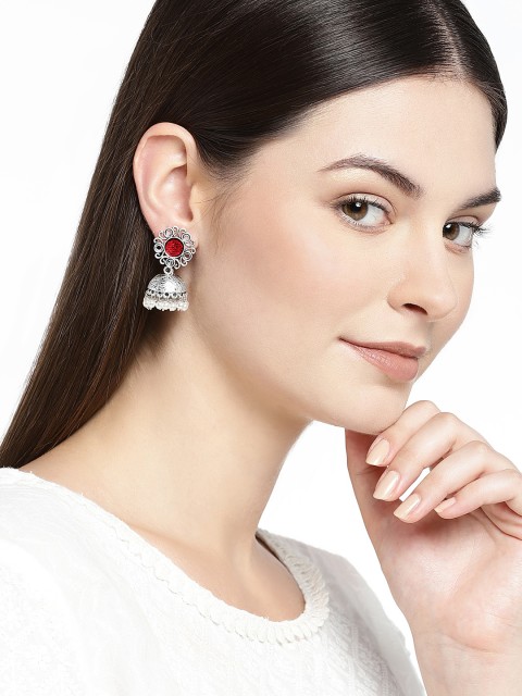 

Alamod Gunmetal-Toned & Maroon Rhodium-Plated Dome Shaped Jhumkas, Metallic