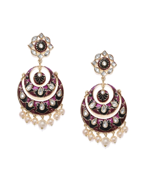 

Alamod Gold-Toned Gold-Plated Meenakari Crescent Shaped Kundan Chandbalis