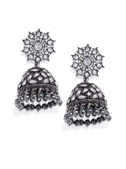 

Alamod Gunmetal-Toned & White Rhodium-Plated Oxidised Dome Shaped Jhumkas, Metallic