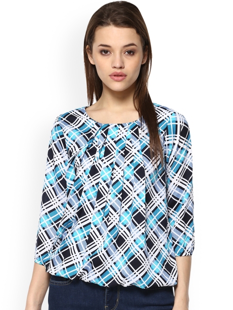 

Mayra Women Turquoise Blue Checked Blouson Top