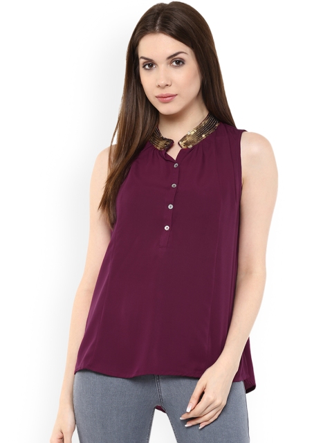 

Mayra Women Burgundy Embellished High-Low Longline Top