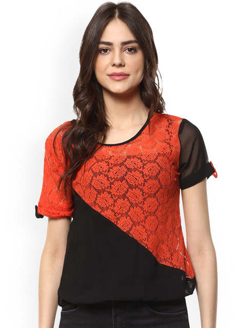 

Mayra Women Orange Self Design Top