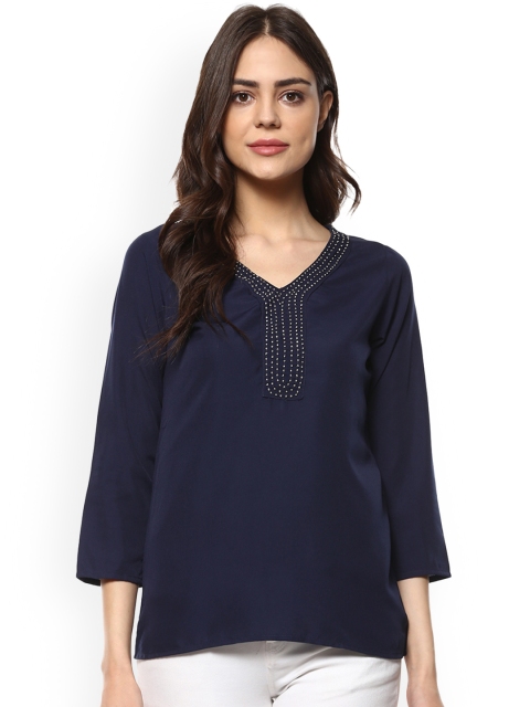 

Mayra Women Navy Blue Embellished A-Line Top