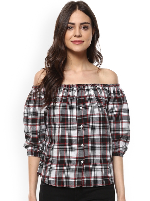 

Mayra Women Black & White Checked Bardot Top