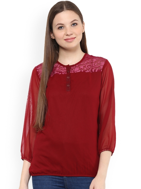 

Mayra Women Maroon Self Design Blouson Top