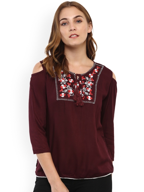 

Mayra Women Maroon Self Design Blouson Top