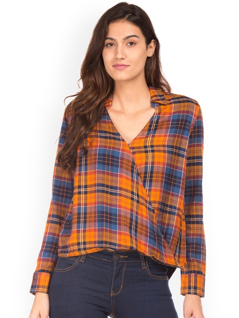 

Aeropostale Women Orange & Blue Checked Wrap Top