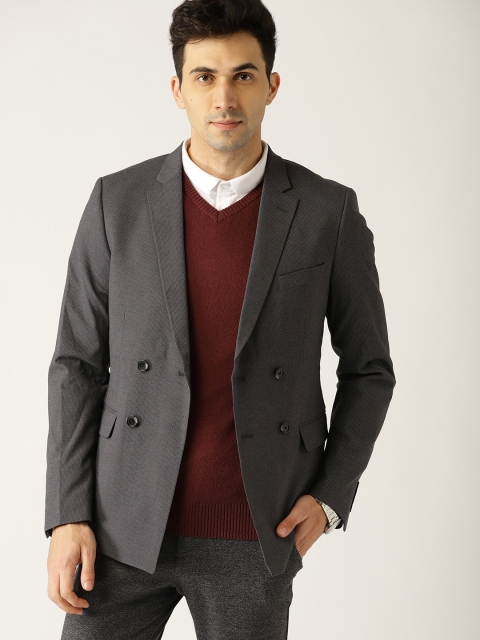 

United Colors of Benetton Charcoal Grey Slim Fit Pinstriped Single-Breasted Casual Blazer