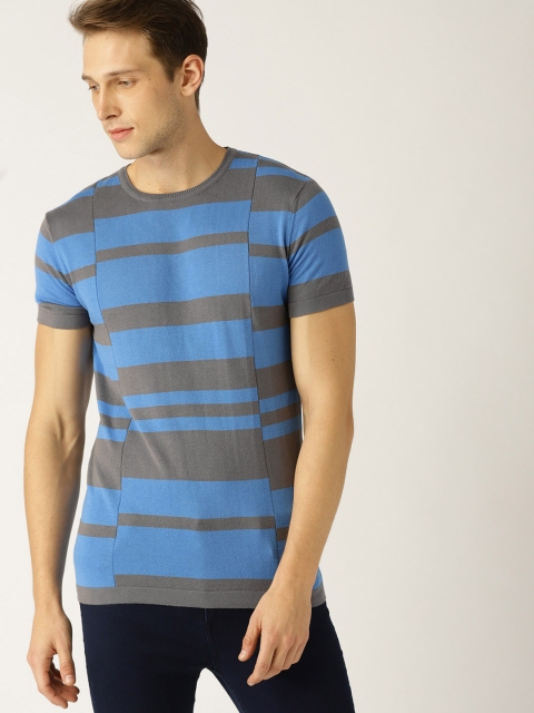 

United Colors of Benetton Men Blue & Grey Striped Round Neck T-shirt
