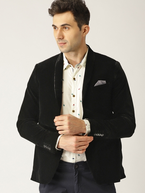 

United Colors of Benetton Men Black Velvet Finish Single-Breasted Party Blazer