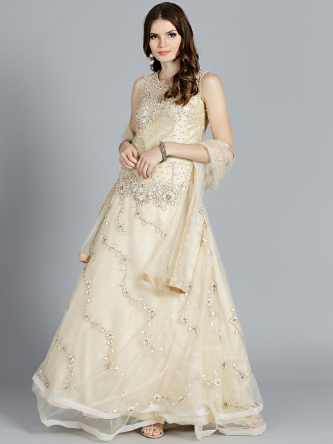 

Chhabra 555 Cream-Coloured & Beige Made to Measure Anarkali Kurta with Churidar & Dupatta