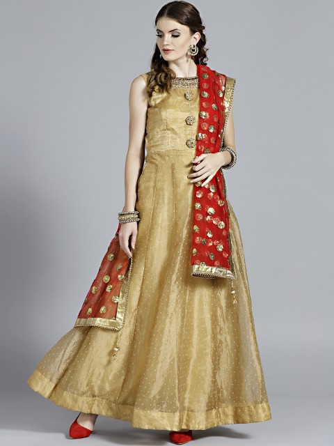 

Chhabra 555 Golden Embellished Made to Measure Anarkali Kurta with Churidar & Dupatta, Gold