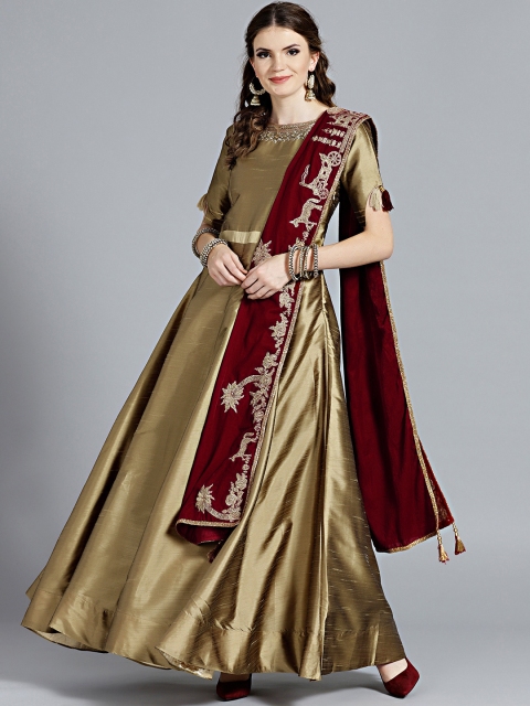 

Chhabra 555 Golden & Maroon Made to Measure Anarkali Kurta with Churidar & Dupatta, Gold