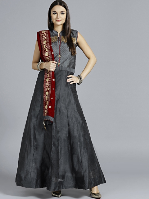 

Chhabra 555 Women Grey & Red Made to Measure A-Line Chanderi Kurta with Churidar & Dupatta