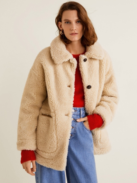 

MANGO Women Beige Solid Overcoat
