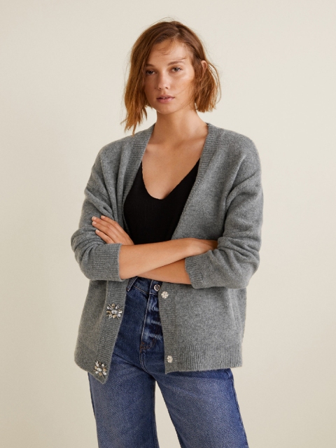 

MANGO Women Grey Melange Solid Cardigan