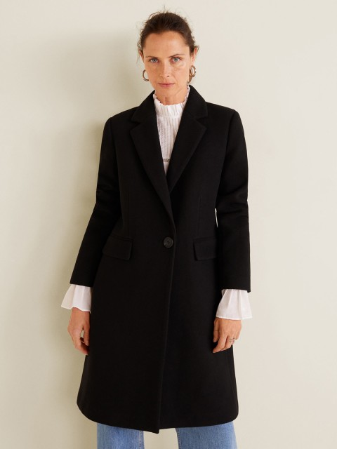 

MANGO Women Black Solid Longline Overcoat
