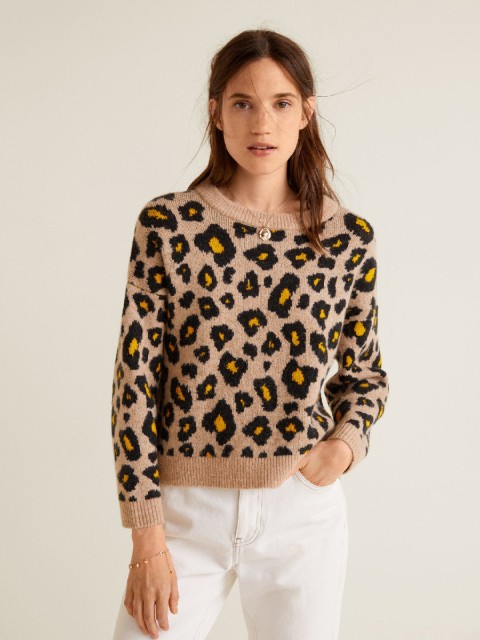 

MANGO Women Beige & Black Animal Patterned Pullover