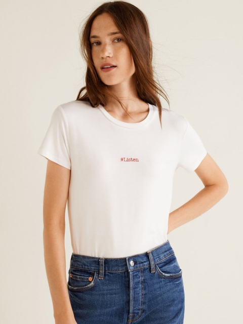 

MANGO Women White Solid Round Neck T-shirt