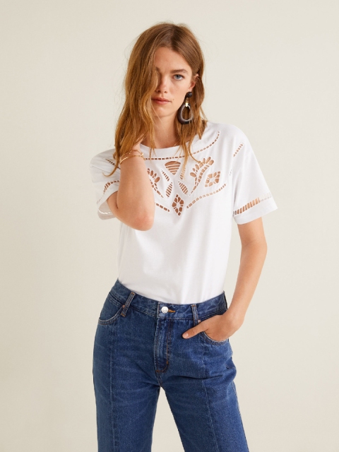 

MANGO White Solid Pure Cotton Top with Laser Cuts