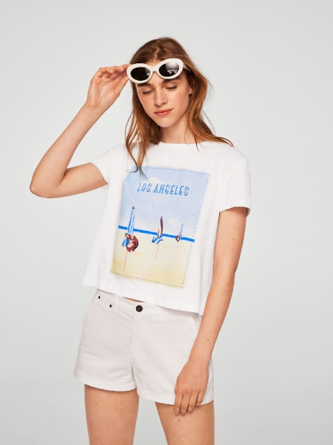 

MANGO Women White & Blue Printed Round Neck T-shirt