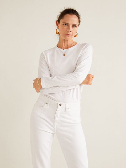 

MANGO Women White Solid Round Neck T-shirt