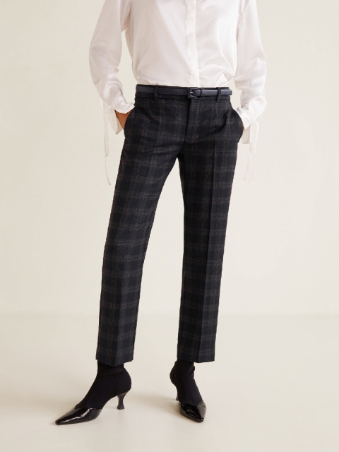 

MANGO Women Navy Blue Regular Fit Checked Trousers