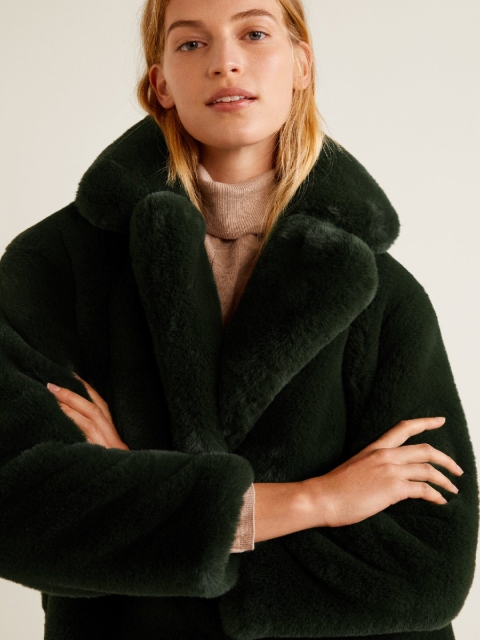 

MANGO Olive Green Solid Faux Fur Overcoat