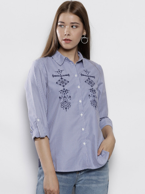 

DOROTHY PERKINS Women Petite Navy & White Embroidered Striped Casual Shirt, Navy blue