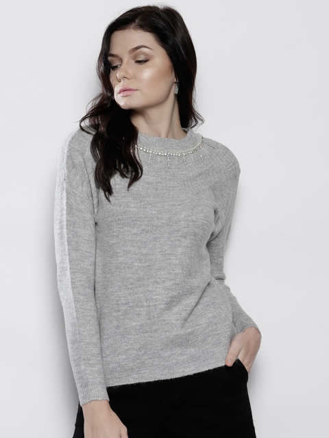 

DOROTHY PERKINS Women Petite Grey Melange Solid Embellished Pullover
