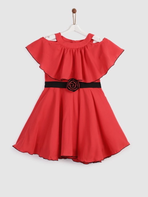 

YK Girls Red Solid Fit and Flare Layered Dress