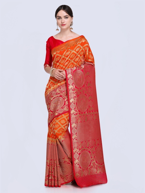 

Saree mall Orange & Red Silk Blend Woven Design Kanjeevaram Saree