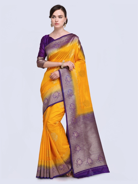 

Saree mall Mustard & Purple Woven Design Kanjeevaram Saree