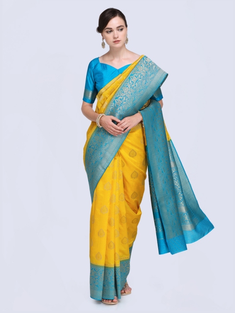 

Saree mall Yellow & Blue Woven Design Kanjeevaram Saree