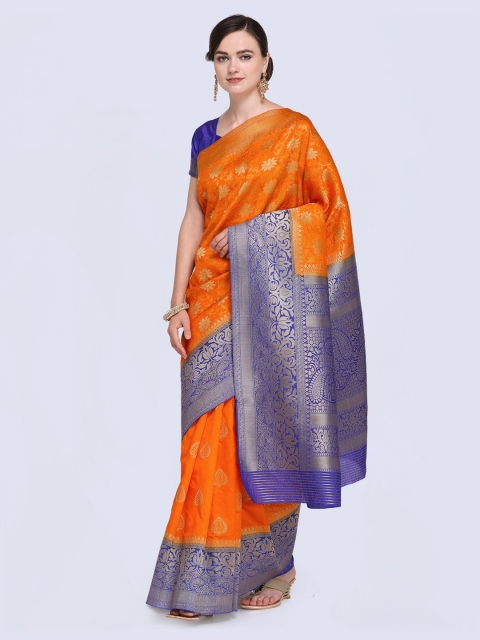 

Saree mall Orange & Blue Silk Blend Woven Design Kanjeevaram Saree