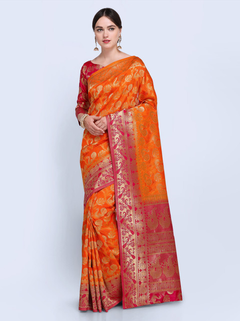 

Saree mall Orange & Red Silk Blend Woven Design Kanjeevaram Saree
