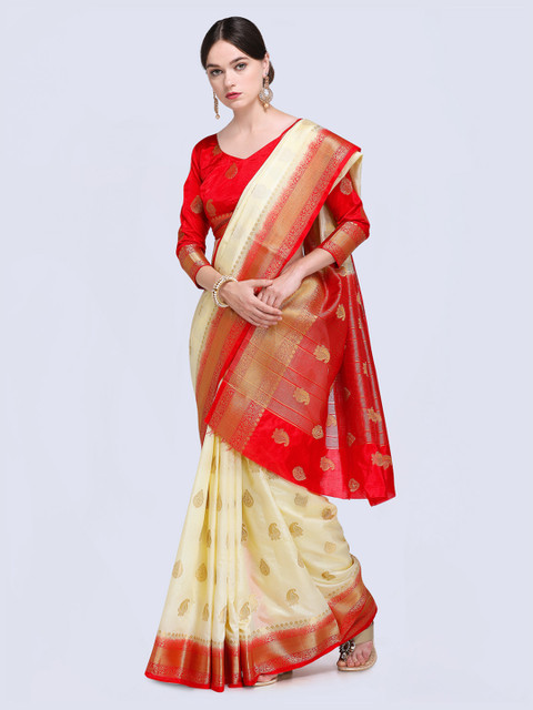 

Saree mall Cream-Coloured & Red Silk Blend Woven Design Kanjeevaram Saree