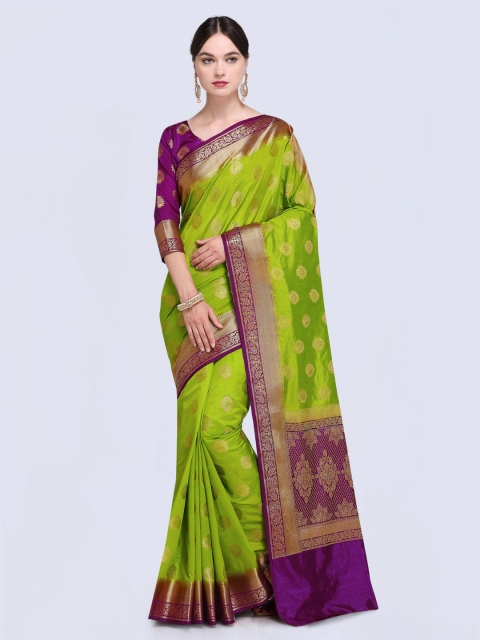 

Saree mall Green & Purple Silk Blend Woven Design Kanjeevaram Saree