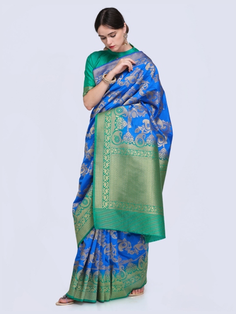 

Saree mall Blue Silk Blend Woven Design Kanjeevaram Saree